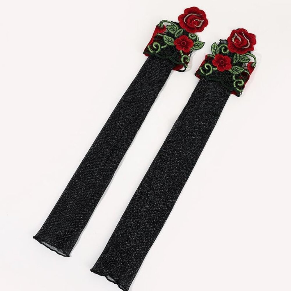 Women's A-K-Blue Flowers Embroidered Lace Gloves Cocktail Party Costumes - Picture 2 of 6